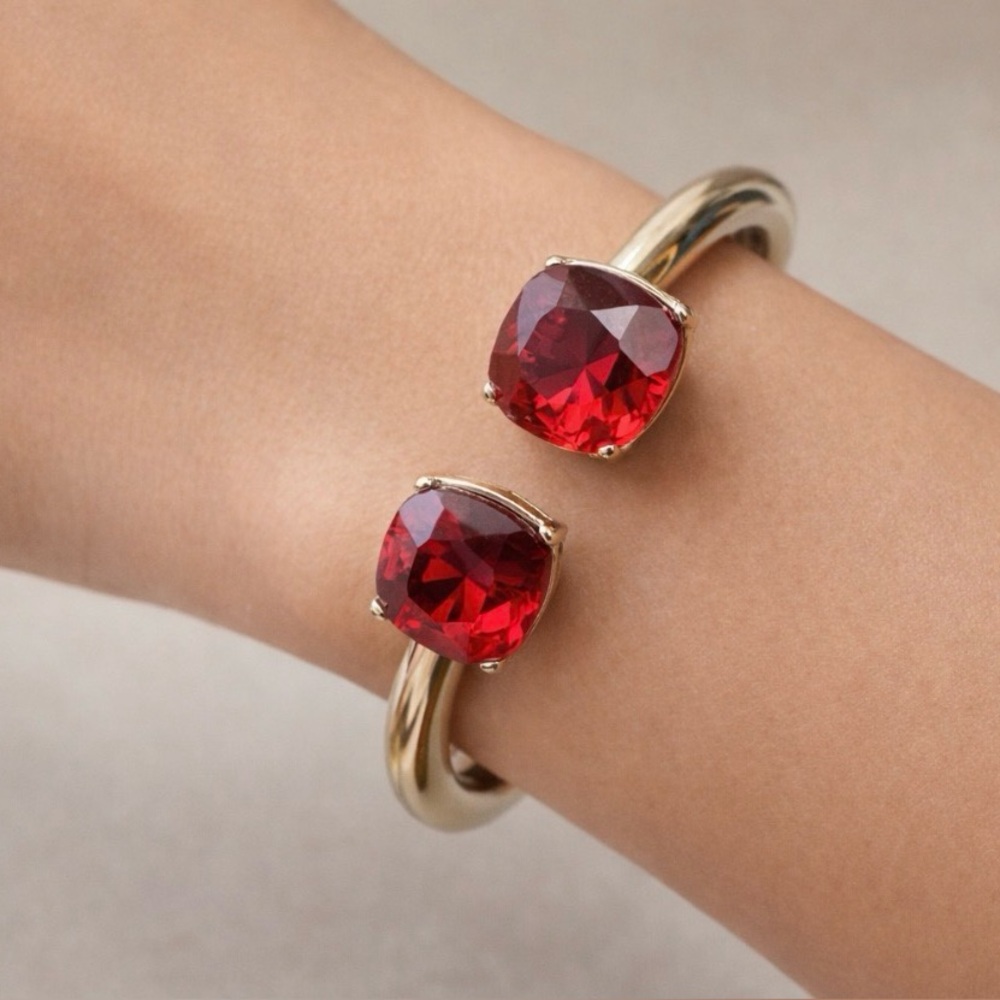 Ruby Red Goldtone Rhinestone Bangle Bracelet Women Party Hinge NEW